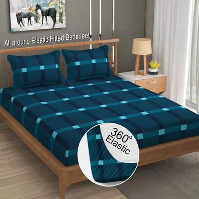 LA VERNE Cotton Double Fitted (Elastic) 144 TC Jaipuri Prints Bedsheet(Pack of 1, Blue)
