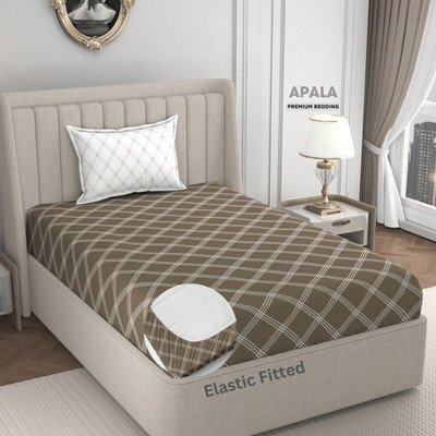 Apala 280 TC Microfiber Single Geometric Fitted (Elastic) Bedsheet(Pack of 1, Beige & White)