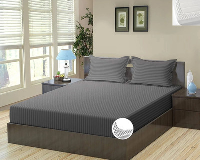 HOMYBEES Cotton Double Fitted (Elastic) 300 TC Striped Bedsheet(Pack of 1, Grey)