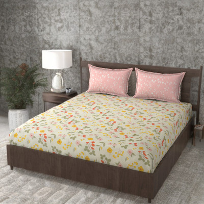 HUESPACE Cotton, Microfiber Queen, Double Fitted (Elastic) 330 TC Printed Bedsheet(Pack of 1, Multicolor)