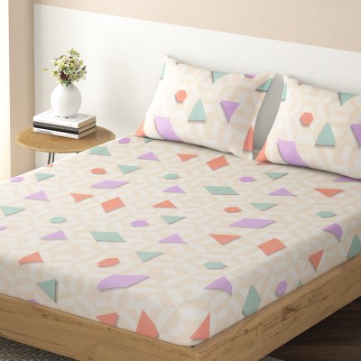 HOKiPO 220 TC Microfiber Queen Geometric Fitted (Elastic) Bedsheet(Pack of 1, Abstract Geometric Grey Blush Beige)