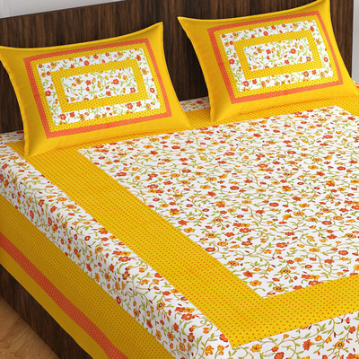 E ELMA 210 TC Cotton Double Jaipuri Prints Flat Bedsheet(Pack of 1, White,Yellow)