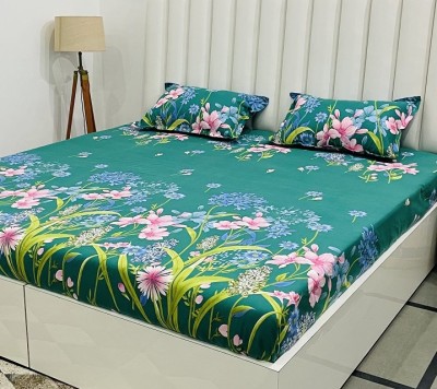 RD TREND 210 TC Cotton King Abstract Fitted (Elastic) Bedsheet(Pack of 1, Dark Green)