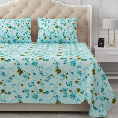 BELLA CASA Cotton King Flat 180 TC Floral Bedsheet(Pack of 1, Blue)