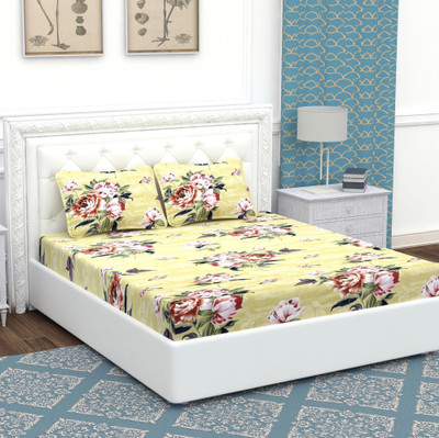 BEVI Microfiber Double Flat 300 TC Floral Bedsheet(Pack of 1, Beige)