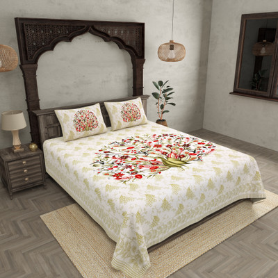 JAIPUR FABRIC Cotton Double Flat 180 TC Printed Bedsheet(Pack of 1, White, Red)