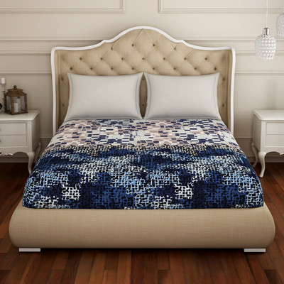 SPACES 210 TC Cotton Double Printed Flat Bedsheet(Pack of 1, Blue)
