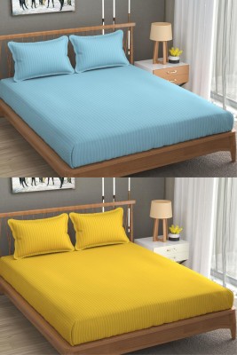 VORDVIGO 300 TC Satin Double Striped Fitted (Elastic) Bedsheet(Pack of 2, Sky Blue & Yellow)