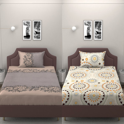 BROMWICK 144 TC Microfiber Single Abstract Flat Bedsheet(Pack of 2, Brown)