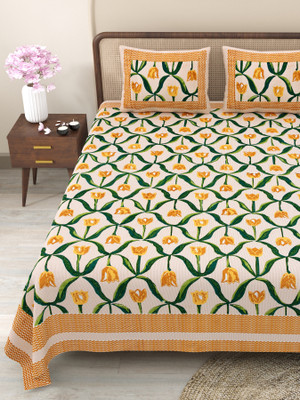 CLOTHOLOGY Cotton King Flat 240 TC Jaipuri Prints Bedsheet(Pack of 1, Yellow, Cream, Green)
