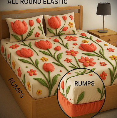 ClassicFits Cotton King, Queen, Double Fitted (Elastic) 250 TC Floral Bedsheet(Pack of 1, Blue)