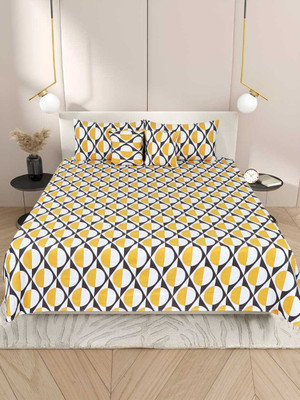 LATHWAL CREATIONS Cotton Double Flat 300 TC Printed Bedsheet(Pack of 1, YELLOW CIRCLE(1 Flat Bedsheet + 2 Pillow Cover + 2 Cushion Covers with Filler))