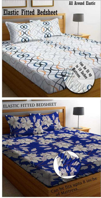 Amrange 210 TC Cotton King 3D Printed Fitted (Elastic) Bedsheet(Pack of 2, MULTI9)
