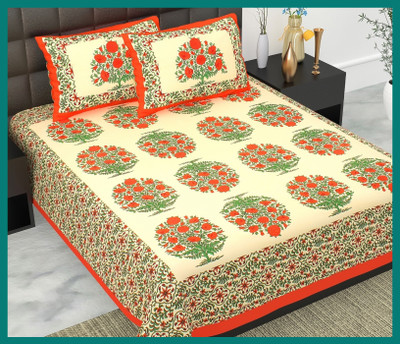 BedZone Cotton Double Flat 240 TC Jaipuri Prints Bedsheet(Pack of 1, Orange)