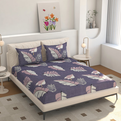 BeddingZone Cotton Double Fitted (Elastic) 300 TC Floral Bedsheet(Pack of 1, Purple)