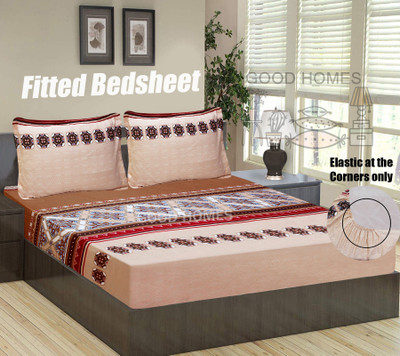 Good Homes 144 TC Microfiber Double Abstract Fitted (Elastic) Bedsheet(Pack of 1, Brown)