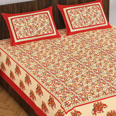 Indian Royal Fashion Cotton Double Flat 144 TC Printed Bedsheet(Pack of 1, Red)