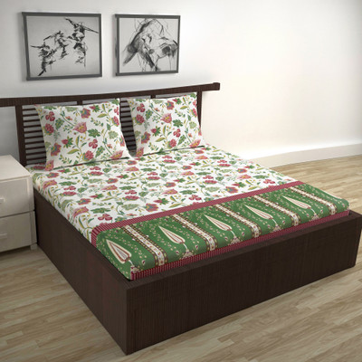 Divine Casa Cotton Double Flat 144 TC Floral Bedsheet(Pack of 1, Magenta Green)