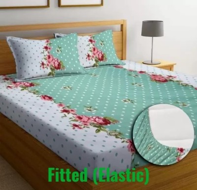 hmm 210 TC Cotton Double Floral Fitted (Elastic) Bedsheet(Pack of 1, Green)