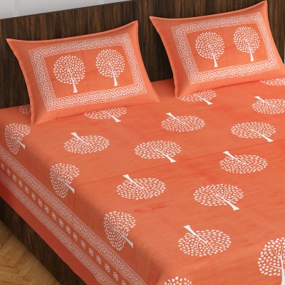 CLOTHOLOGY 144 TC Cotton Double Printed Flat Bedsheet(Pack of 1, Orange)