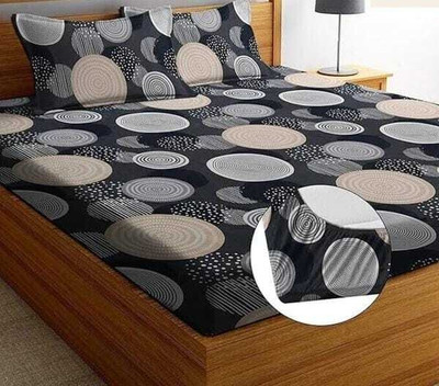 TINDLER KNOTS Microfiber, Cotton Double Fitted (Elastic) 300 TC Printed Bedsheet(Pack of 1, Black-Grey Round)