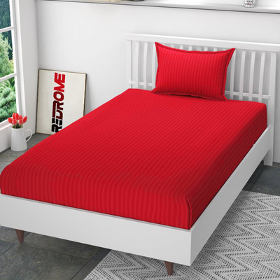 REDROME Cotton Single Flat 300 TC Striped Bedsheet(Pack of 1, Red)