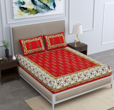 BharatLinen 144 TC Cotton Queen Printed Flat Bedsheet(Pack of 1, Red)