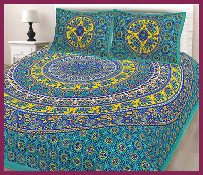 JAIPUR PRINTS Cotton Double Flat 210 TC Jaipuri Prints Bedsheet(Pack of 1, Sea green)