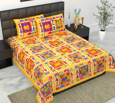 Navkar Creation 104 TC Cotton Double Jaipuri Prints Flat Bedsheet(Pack of 1, Yellow)