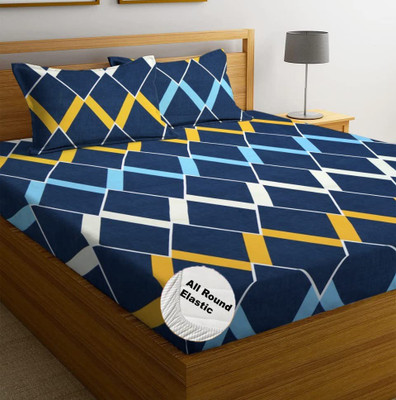 DECOMIZER 210 TC Cotton King Printed Fitted (Elastic) Bedsheet(Pack of 1, Navy)