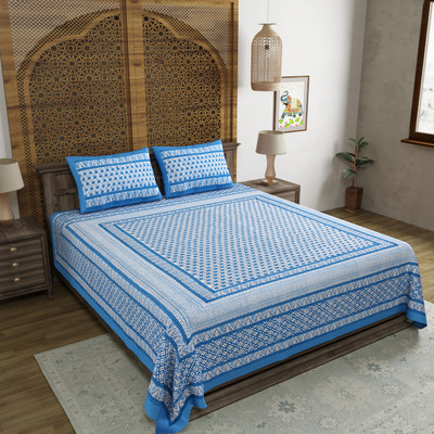 Blocks Of India Cotton Double Flat 200 TC Printed Bedsheet(Pack of 1, Light Blue)
