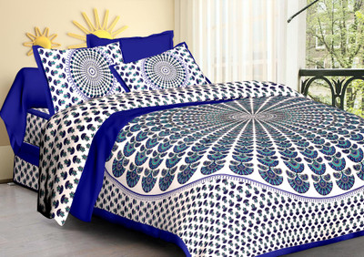 PRANOKH 144 TC Cotton Double Jaipuri Prints Flat Bedsheet(Pack of 1, Blue)