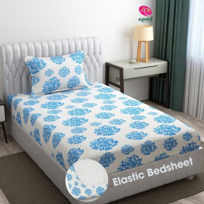 Apala 280 TC Microfiber Single Floral Fitted (Elastic) Bedsheet(Pack of 1, White (Blue Print))