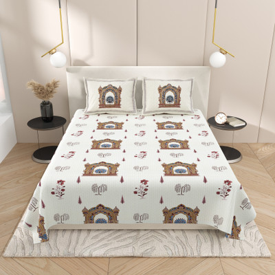 feya Cotton King Flat 180 TC Jaipuri Prints Bedsheet(Pack of 1, Brown Cream)