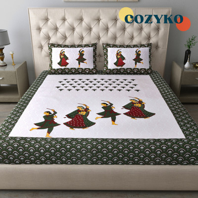 COZYKO Cotton Double Flat 144 TC Printed Bedsheet(Pack of 1, Green)