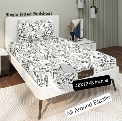 Amrange 190 TC Cotton Single Floral Fitted (Elastic) Bedsheet(Pack of 1, Cream)