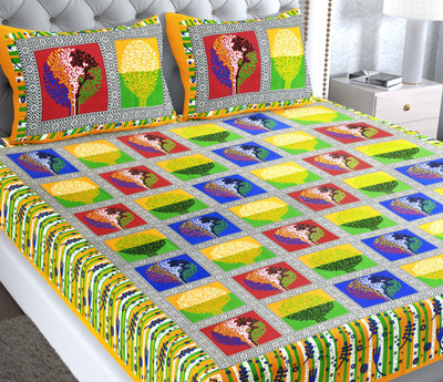Mohini Dyeing Cotton Queen, Double Flat 144 TC Jaipuri Prints Bedsheet(Pack of 1, Yellow, Multicolor)