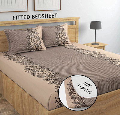 Regit Cotton Double, King Fitted (Elastic) 250 TC Printed Bedsheet(Pack of 1, Brown Floral Printed)