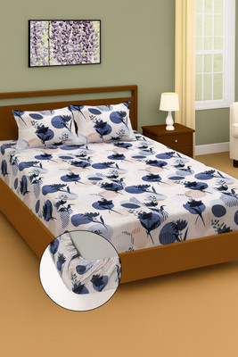 BeddingZone Cotton Double Fitted (Elastic) 300 TC Floral Bedsheet(Pack of 1, White)