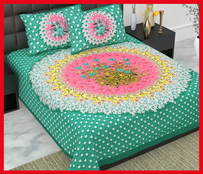 JAIPUR PRINTS Cotton Double Flat 240 TC Jaipuri Prints Bedsheet(Pack of 1, Green)