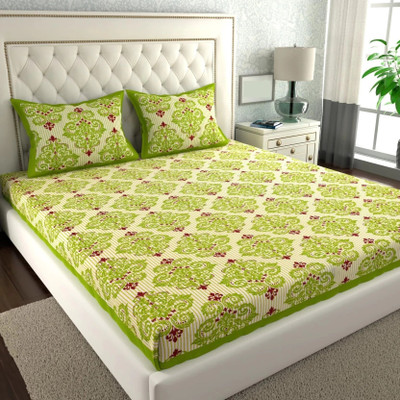 BHermosa Cotton Double Flat 144 TC Jaipuri Prints Bedsheet(Pack of 1, Green)