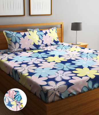 Home Sizzler 210 TC Microfiber Double Abstract Fitted (Elastic) Bedsheet(Pack of 1, Dark Blue)