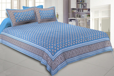 Go Texstylers Cotton Queen Flat 150 TC Jaipuri Prints Bedsheet(Pack of 1, Firozi)