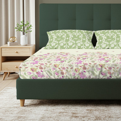 Urban Space Cotton Double Flat 200 TC Printed Bedsheet(Pack of 1, Beige, Green)