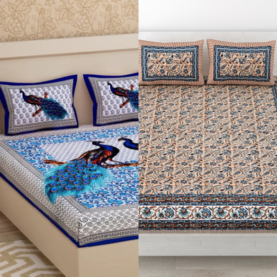 Poorak Cotton Double Flat 220 TC Jaipuri Prints Bedsheet(Pack of 2, Blue A10)