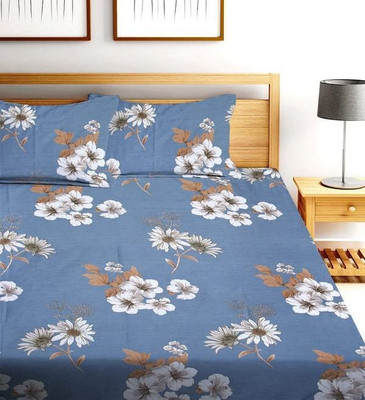 SHOMES 250 TC Cotton King Floral Fitted (Elastic) Bedsheet(Pack of 1, Blue)