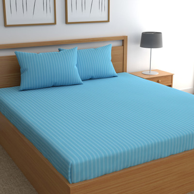 CHHAVI INDIA 210 TC Microfiber Double Printed Flat Bedsheet(Pack of 1, Stripe Sky)