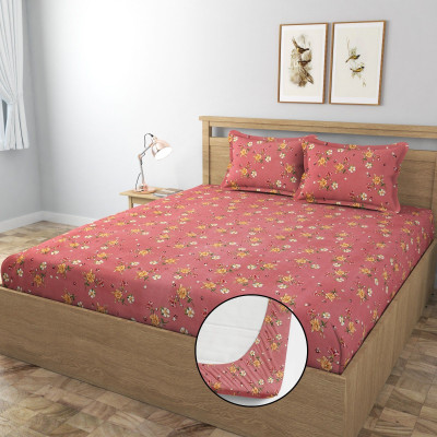 Bedit Cotton Double Fitted (Elastic) 320 TC Floral 1 Bedsheet with 2 Pillow Covers(Pink Yellow)