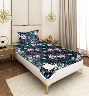 real dream 310 TC Velvet Single Printed Fitted (Elastic) Bedsheet(Pack of 1, Deep Green)
