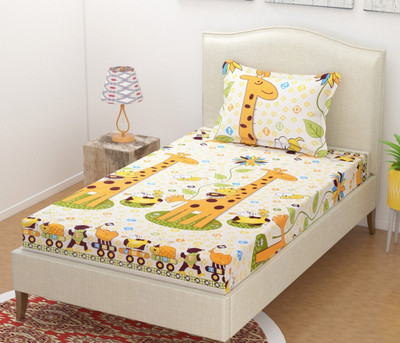 Navrang Matching Center 200 TC Polycotton Single Printed Fitted (Elastic) Bedsheet(Pack of 1, Light Yellow)